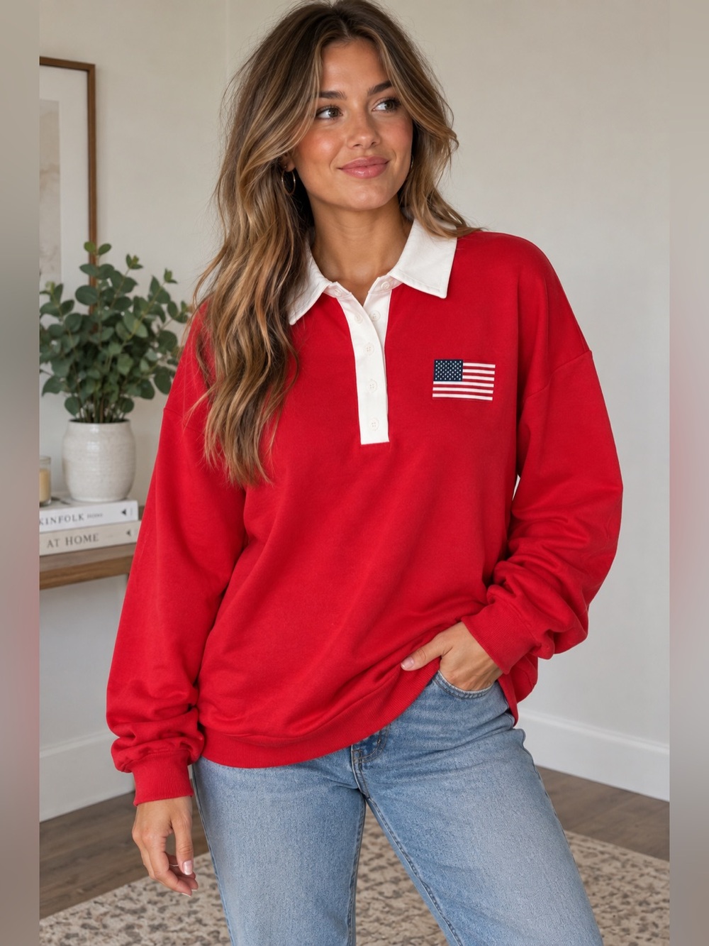 JoyLab Red & White Collared Sweatshirt Polo American Flag XXS NWT